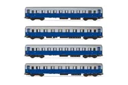 FS, set di 4 carrozze "Treno Azzurro", composto da 2 carrozze di 1a classe tipo 1946 Az13010 e 2 carrozze di 2a classe tipo 1946 Bz33010, una con scompartimento ristoro, ep. IIIb. Assi sostitutivi per corrente alternata: HC6102 (10,5 x 24,50 mm)