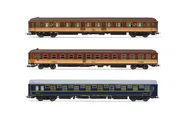 RENFE, set de 3 coches «Media Luna», compuesto de 1 coche camas T2 en decoración azul, 1 coche de primera clase 12100 en decoración «Estrella» y 1 coche camas 7100 en decoración «Estrella», ép. IV