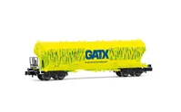 D-GATX, 4-achs. Getreidesilowagen mit runden Seitenwänden, neongrüne „Getreide“-Farbgebung, großes „GATX“-Logo