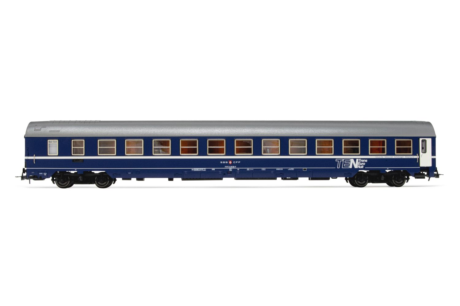 SBB, Schlafwagen Typ MU '64 mit Schürzen im Originalzustand, TEN-Lackierung mit aluminiumfarbenem Dach, Ep. IV