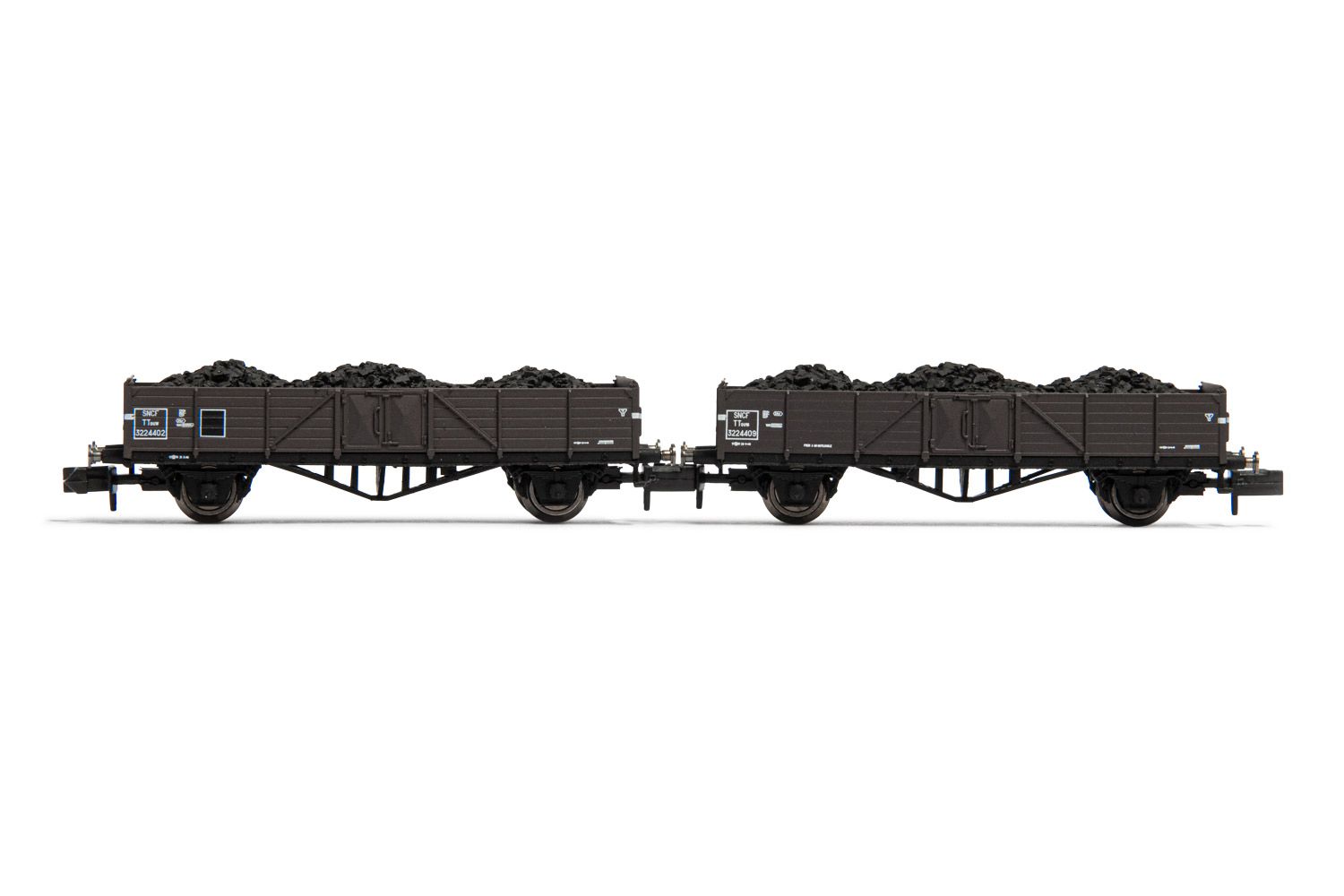 ARNOLD 6492 N - Set De 2 Tombereaux Ridelles Bois Chargés De Charbon Ep Iii Sncf Arnold Hornby Fr Id26408