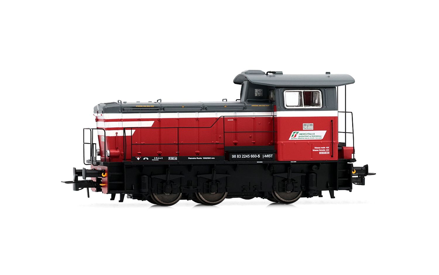 HR2932 Mercitalia S&T, diesel shunting locomotive class 245, red/dark grey  livery with white stripes, ep. VI