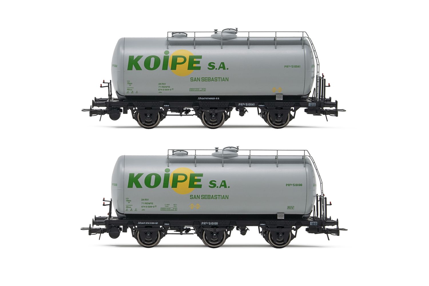 RENFE, 2-unit set of 3-axle tank wagons, grey livery, "Koipe", period IV. Suitable AC wheelsets for this item: HC6101 (11,27 x 24,25 mm)