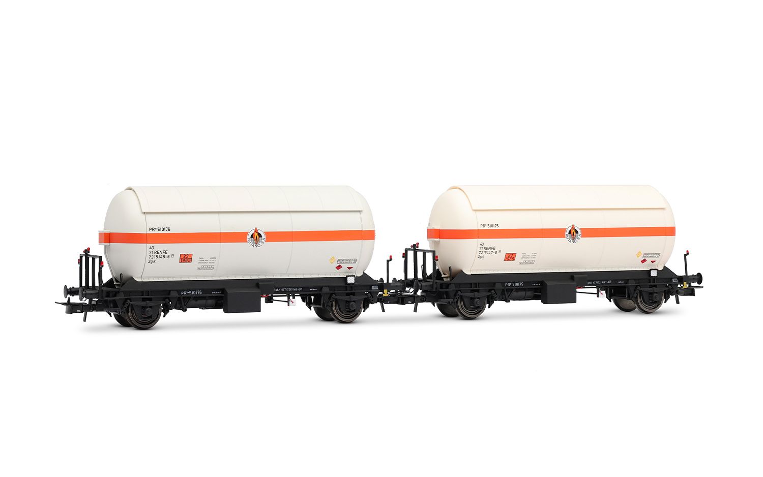 RENFE, 2-unit set of 2-axle gas tank wagons, "Butano S.A." white-orange livery, ep. IV