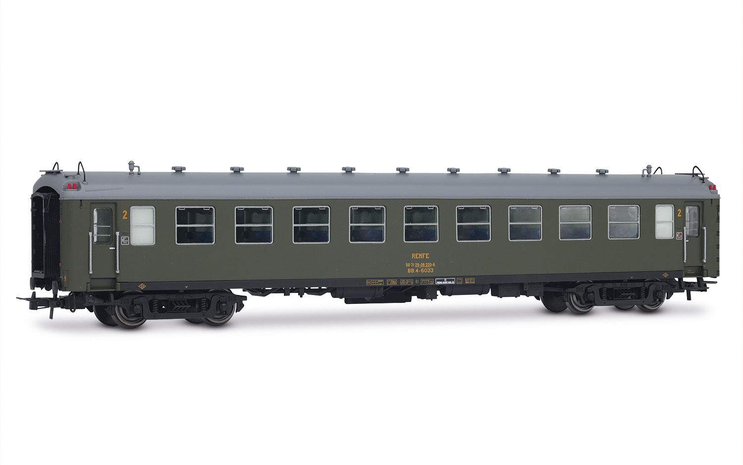 RENFE, 2-unit set of 5000 coaches, consisting of 2 x BB4 2nd class, with old bellows, in olive green livery, ep. IV