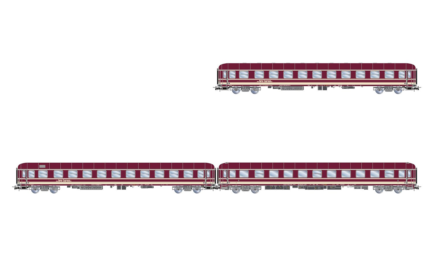 Euro-Express, 3-tlg. Set Liegewagen, bestehend aus 1 x Bcm243, 1 x Bcm246 und 1 x Bvcmz, in violetter Farbgebung, Ep. V-VI
