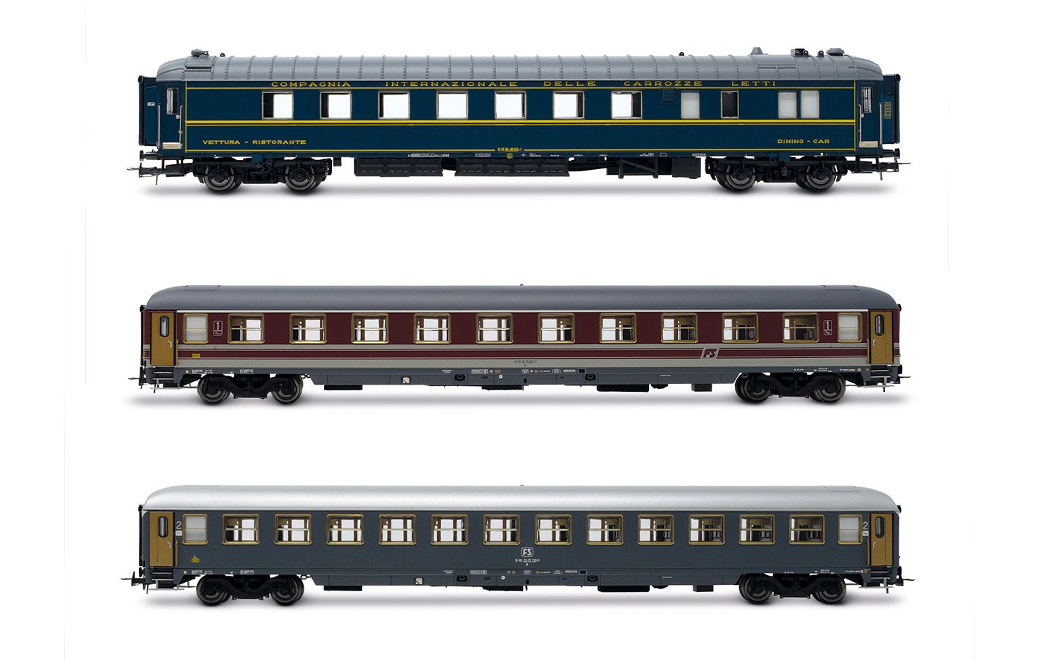 FS, 3-tlg. Set Reisezugwagen „Alpen-Express", bestehend aus 1 x CIWL Speisewagen 1925T, 1 x 1Kl. Wagen UIC-X in rot/grauer Lackierung und 1 x 2.Kl. Wagen UIC-X in grauer Lackierung, Ep. IVb