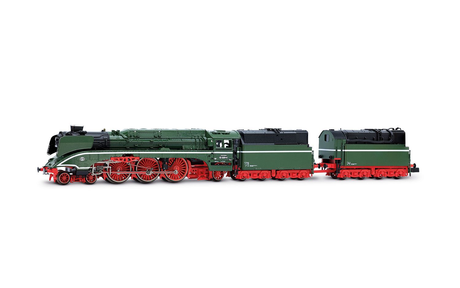 DR, steam locomotive 02 0201-0, chrome green livery with white decoderation line, with high capacity fuel tender and additional tender, ep. V
