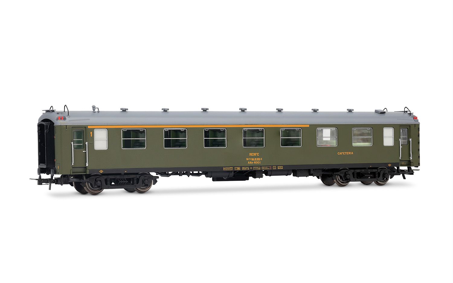 RENFE, 2-unit set of 5000 coaches, consisting of 1 x BBD4 baggage + 1 x AAR bar, with old bellows, in olive green livery, ep. IV