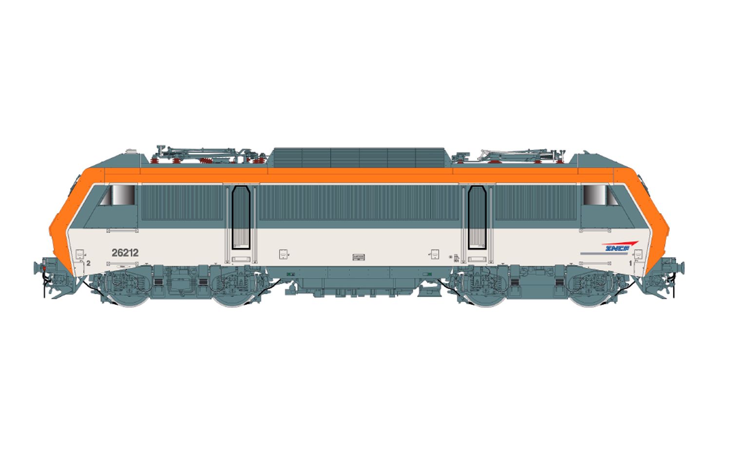 SNCF, locomotive électrique BB 26212 avec 3 feux avant, livrée grise/orange  avec logo « Casquette », ép. IV-V