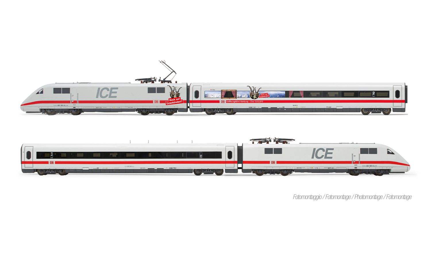 DB AG, ICE1, Tz 186 „Chur“ mit zusätzlichen Schweizer Stromabnehmern, 4-tlg. Grundset (Lok, Dummy, Servicewagen + Wagen 2. Klasse), „Bock auf Graubünden“