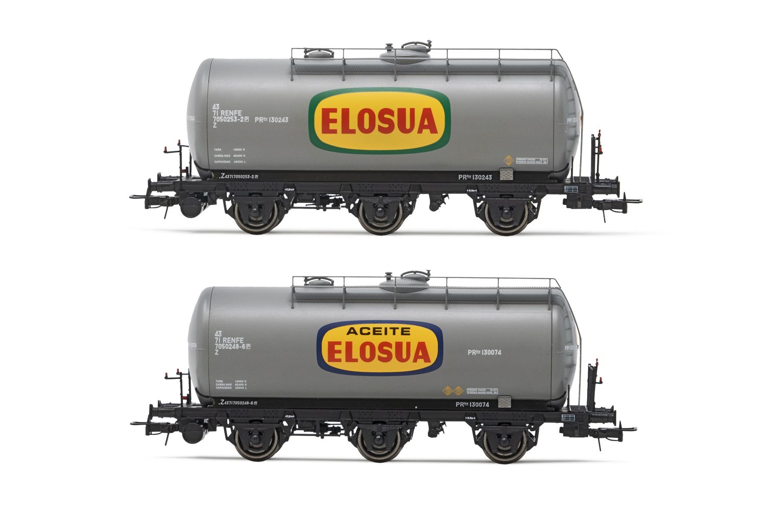 RENFE, 2-unit set of 3-axle tank wagons, grey livery, "Elosua", period IV. Suitable AC wheelsets for this item: HC6101 (11,27 x 24,25 mm)