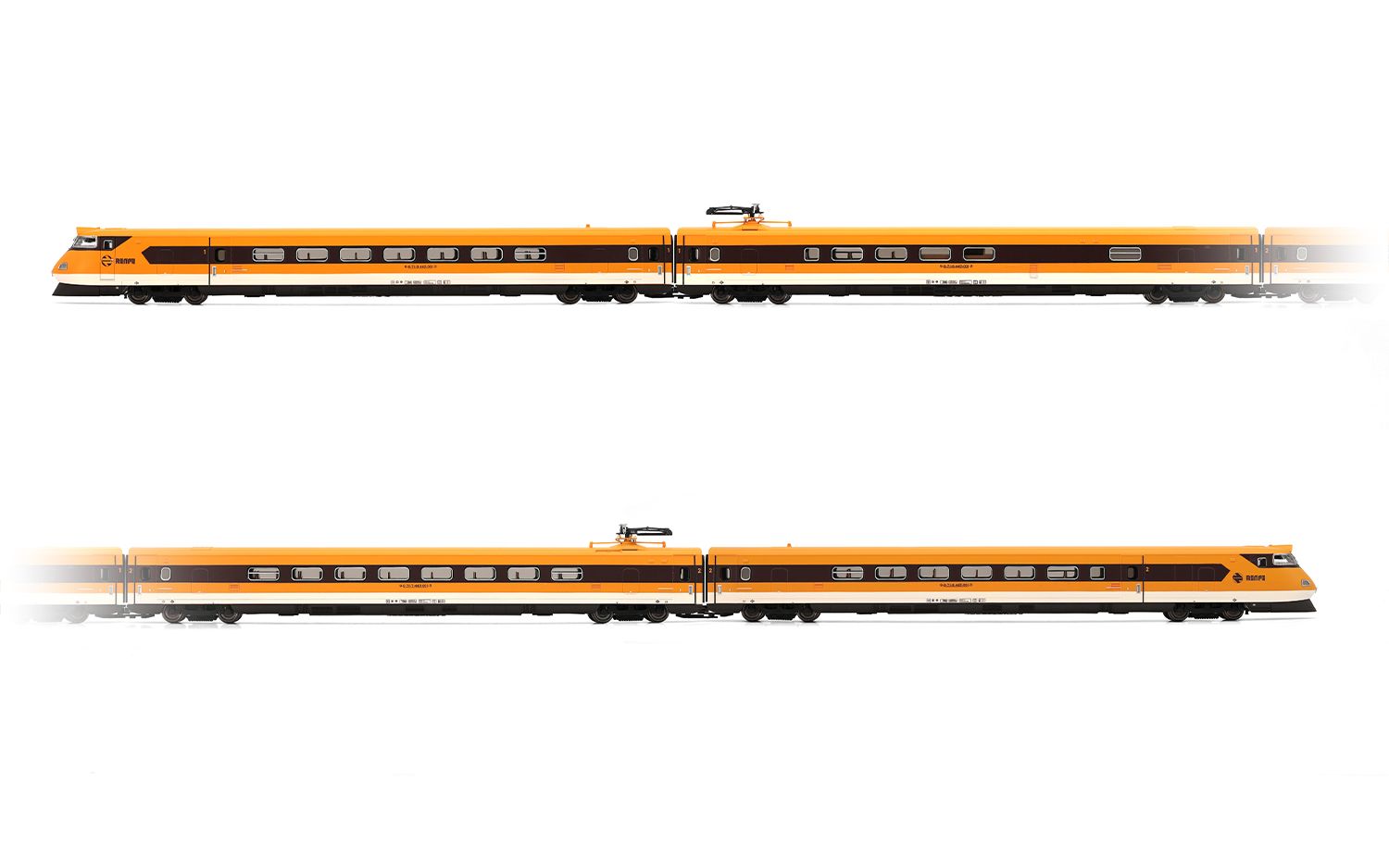 RENFE, electrotrén basculante clase 443, con techo amarillo y logo antiguo, ép. IVb