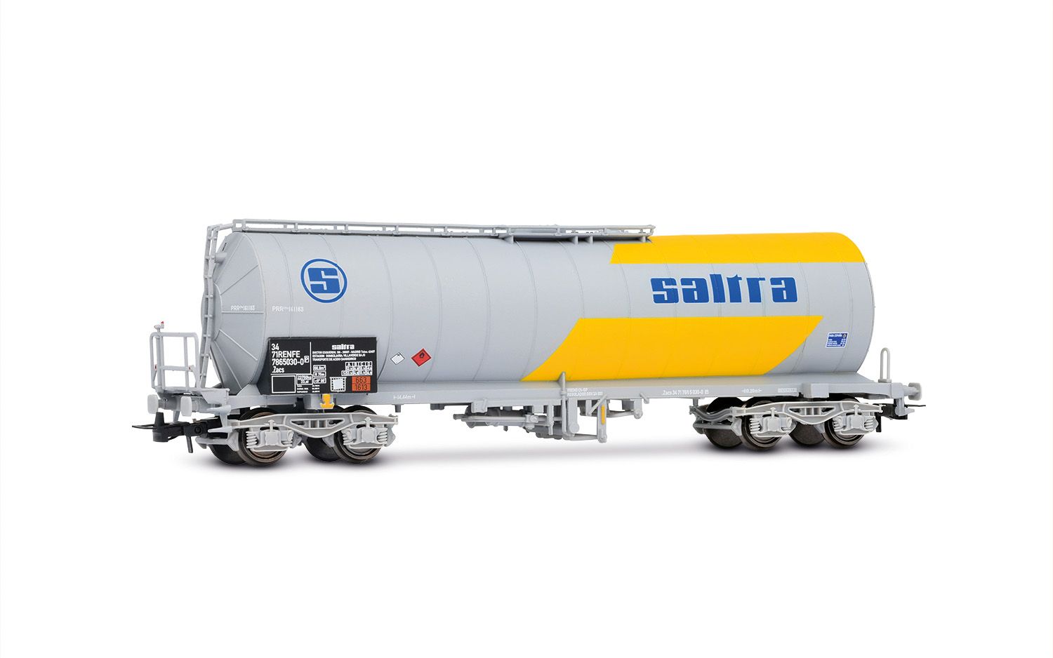 RENFE, 4-axle isolated tank wagon SALTRA for the transport of cianhidric acid, in grey-yellow livery, ep. IV