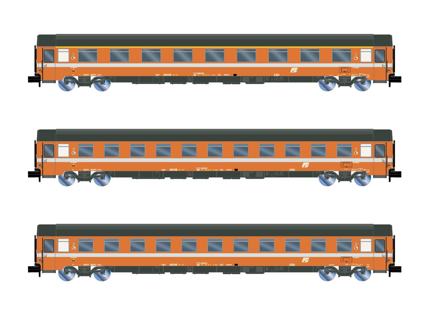 HN4395 FS, 3-unit pack UIC-Z Eurofima 1st cl. + 2x 2nd cl., C1 livery  orange with grey stripe, ep. IV-V