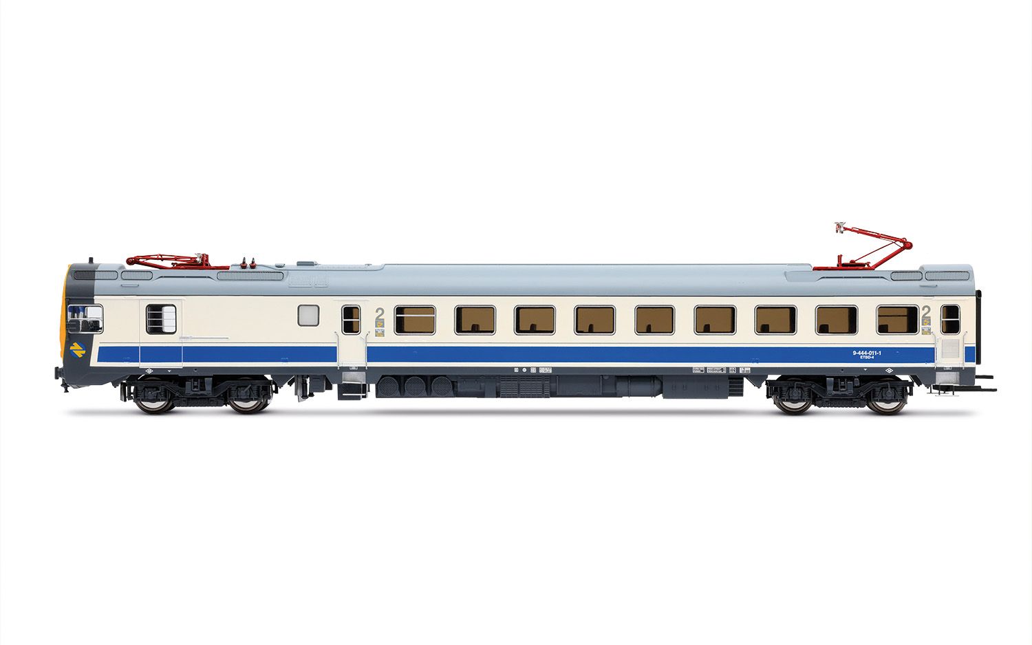 RENFE, automotor eléctrico serie 444, unidad 444-011, decoración azul/blanca, ép. V