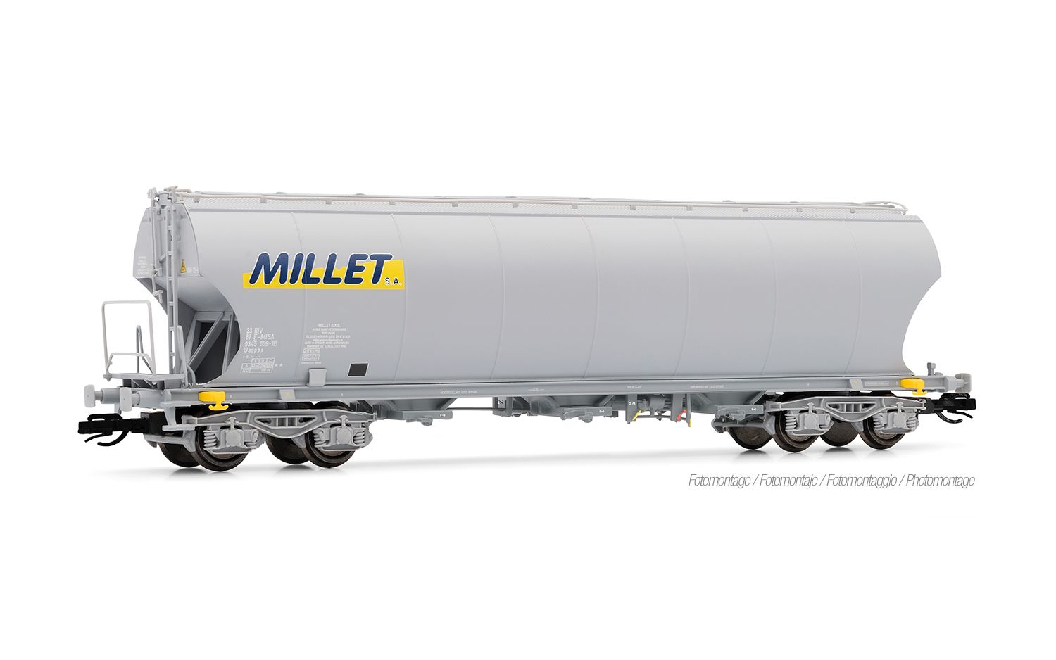 F-MISA, 2-tlg. Set 4-achs. Getreidesilo-Wagen mit runden Seitenwänden, „MILLET”, grau Lackierung