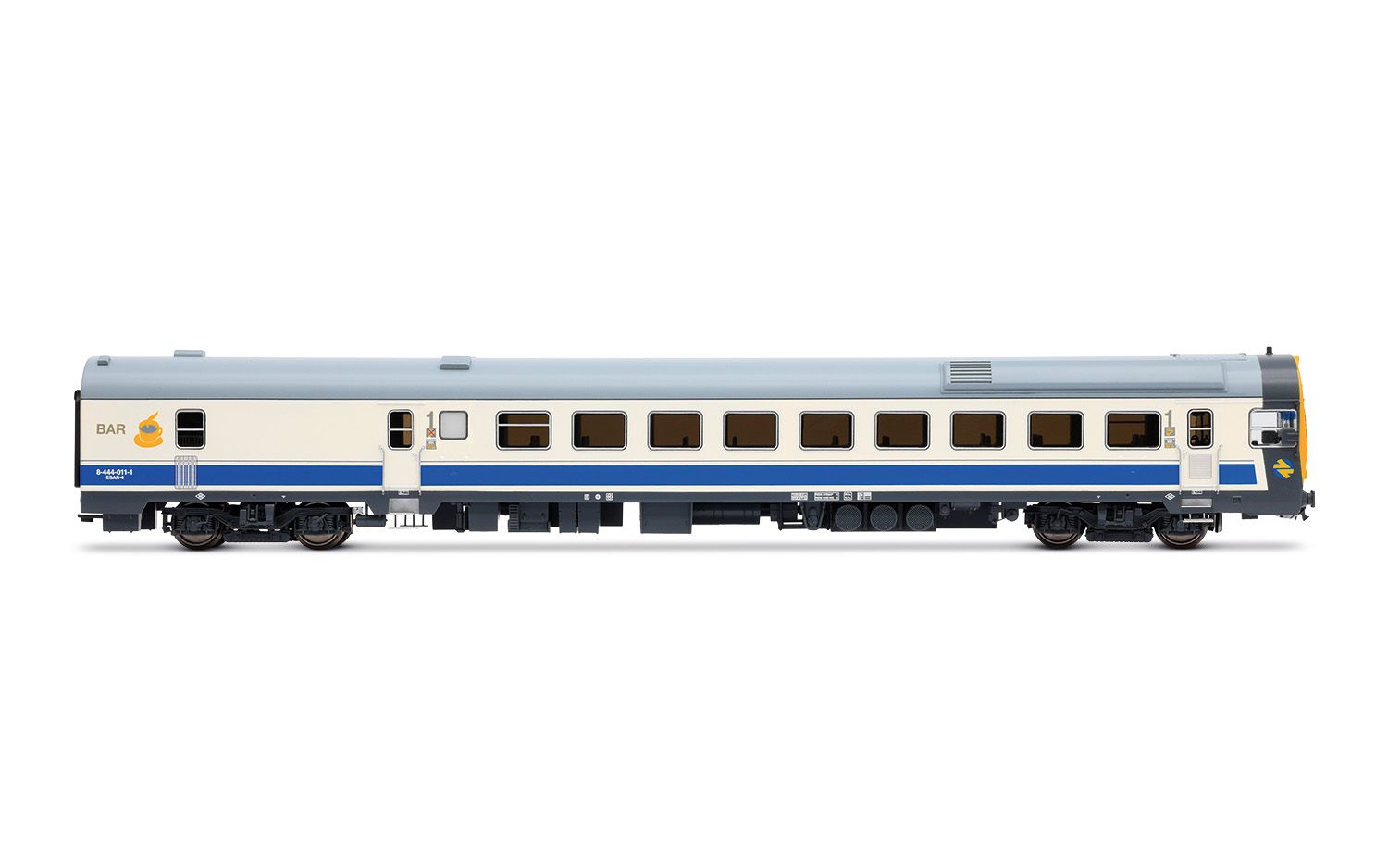 RENFE, automotor eléctrico serie 444, unidad 444-011, decoración azul/blanca, ép. V