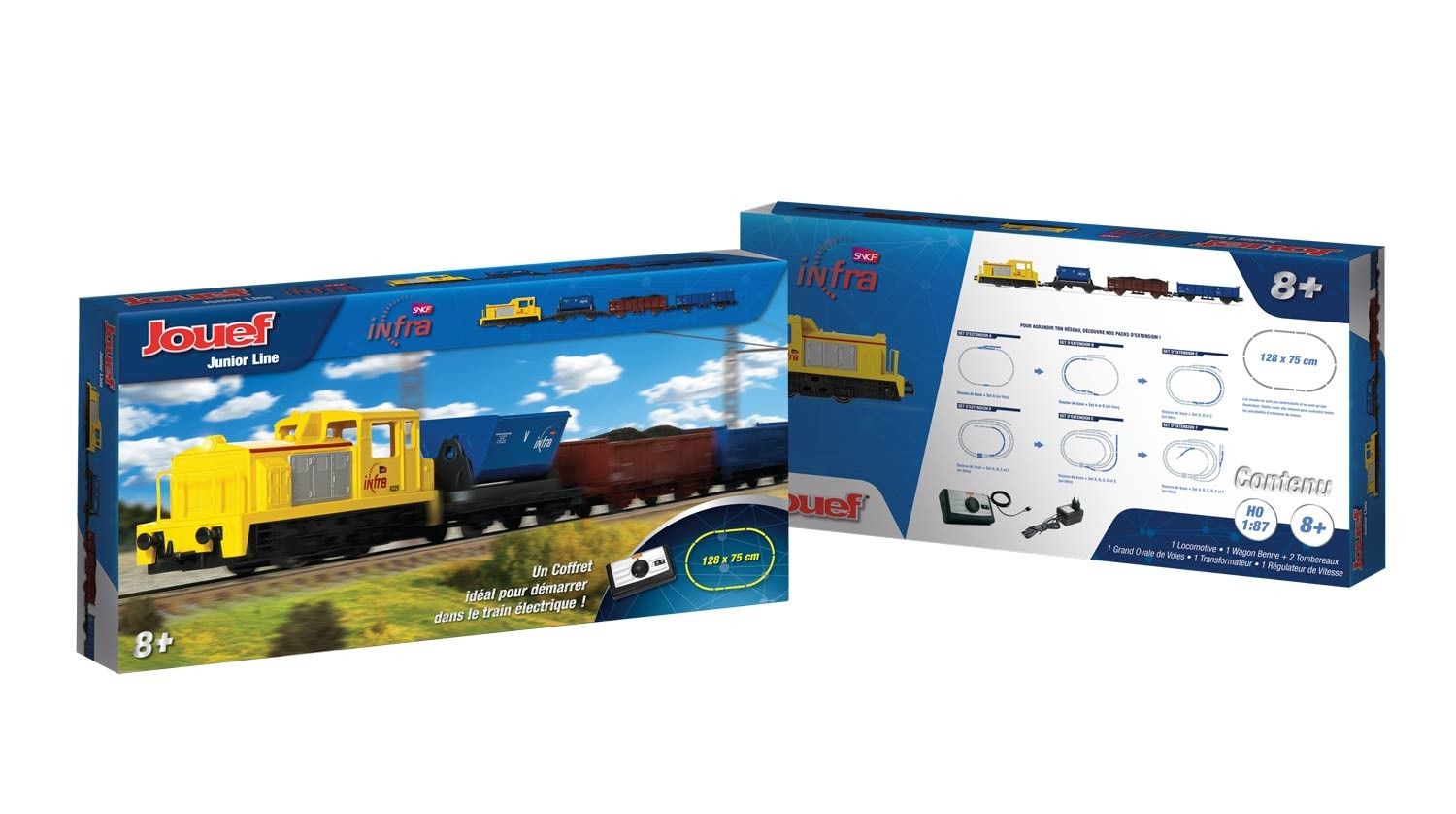 HJ1062 Jouef Junior (H0 1:87), SNCF Infra, starter set with 2-axle diesel  locomotive and 3 wagons, controller, transformer, starter track, track mat