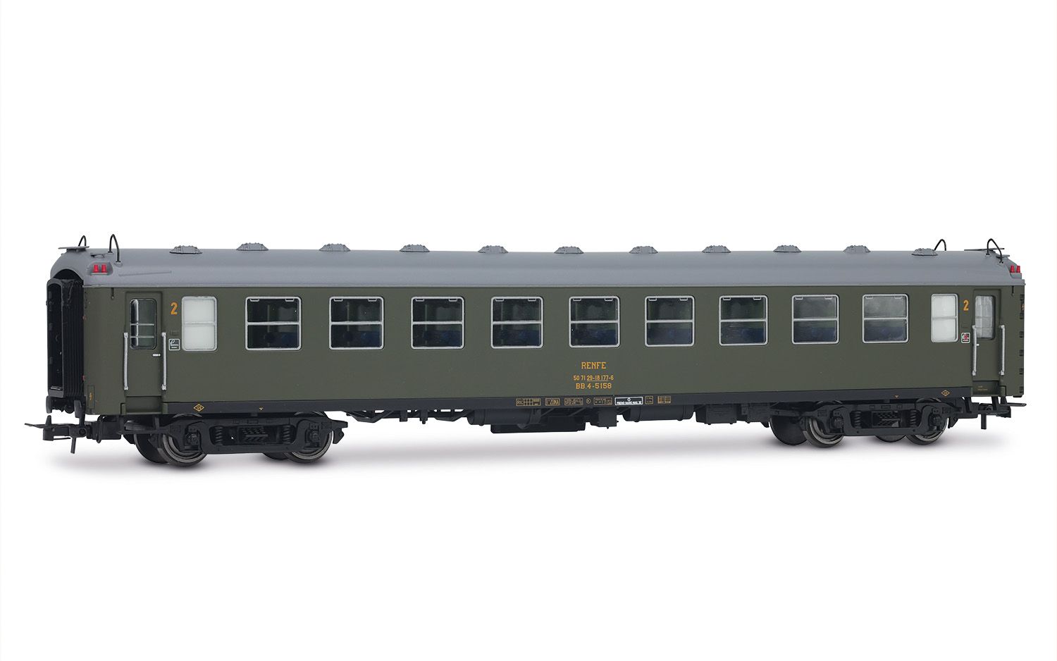RENFE, 2-unit set of 5000 coaches, consisting of 2 x BB4 2nd class, with old bellows, in olive green livery, ep. IV
