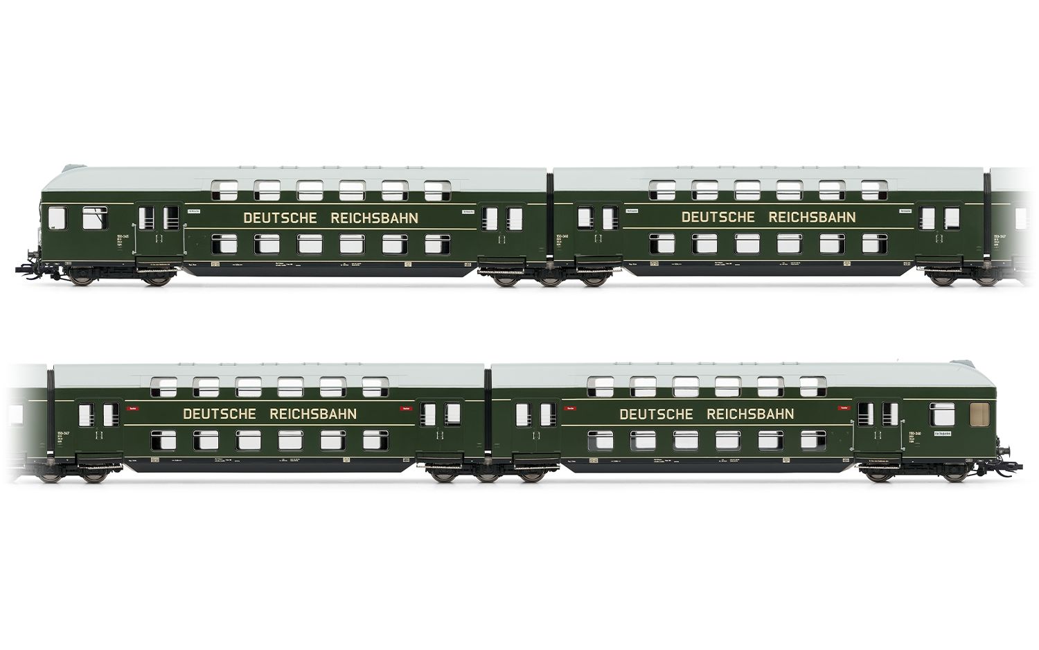 DR, 4-tlg. Doppelstockeinheit mit Steuerabteil, in grüner Farbgebung mit grauem Dach, Ep. III