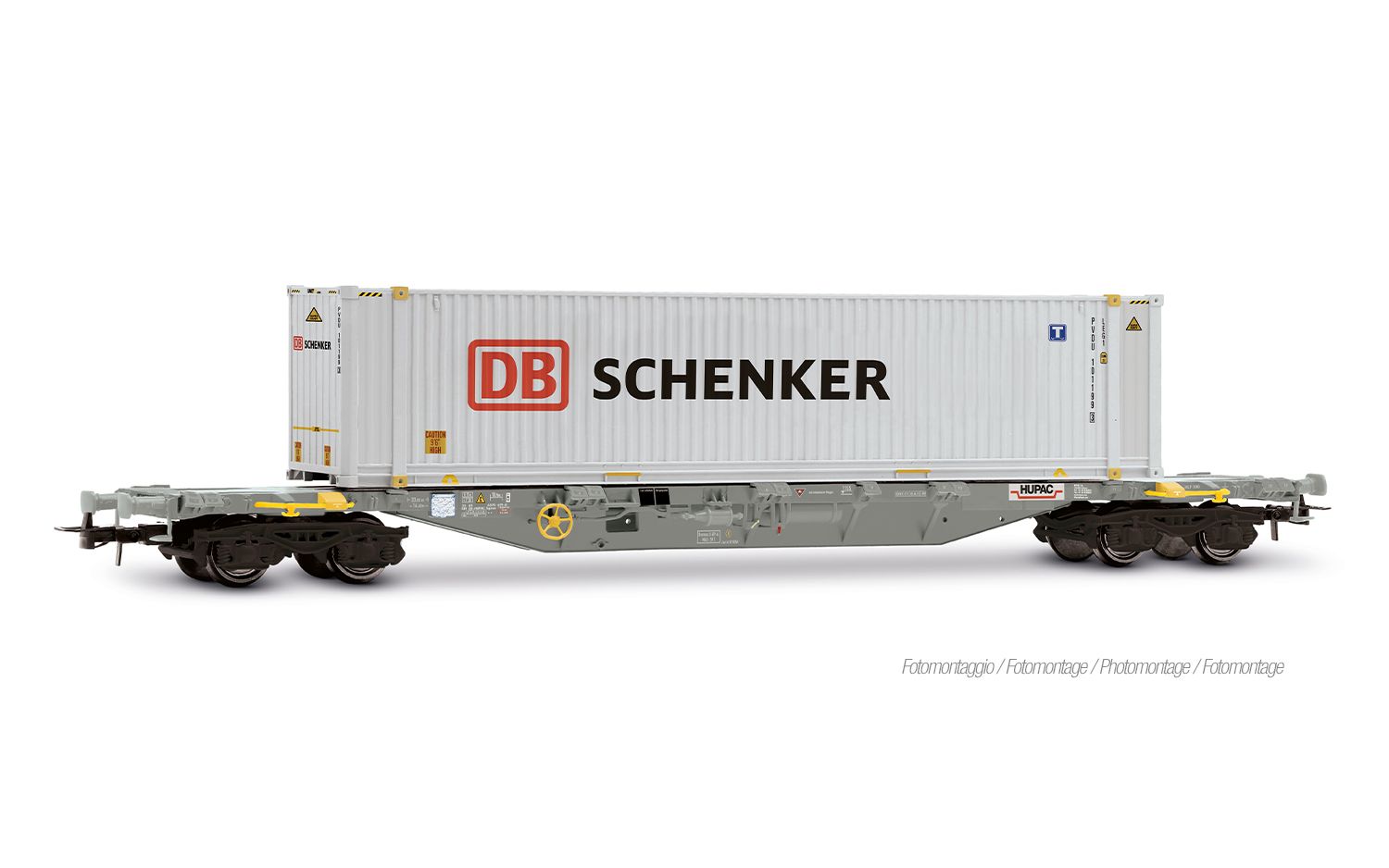 4-achs. Containerwagen der Bauart Sgnss, graue Farbgebung, beladen mit 45'-Container „DB Schenker”