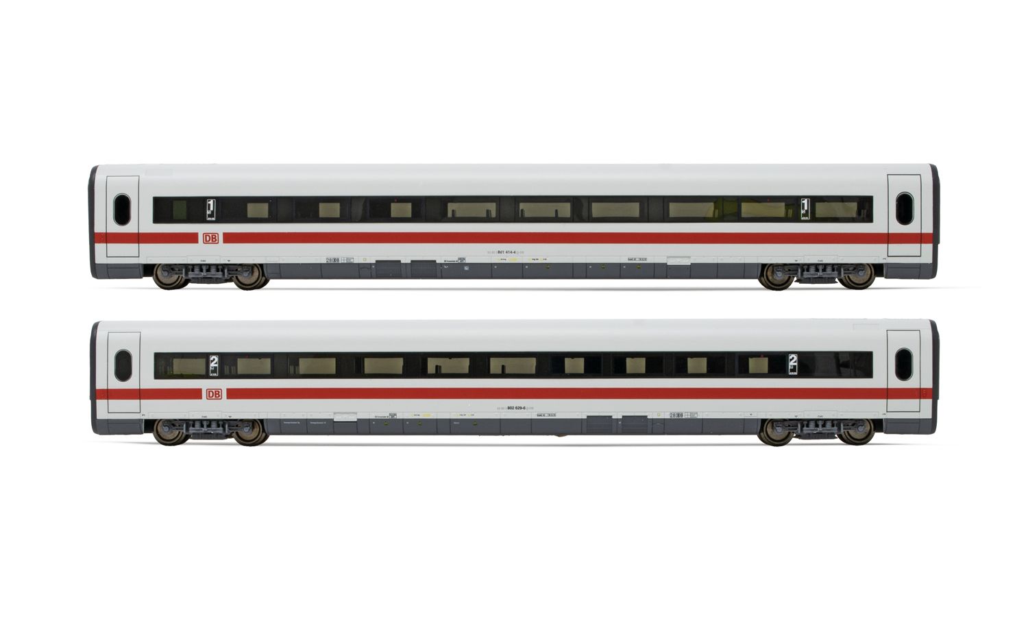 DB AG, 2-tlg. Set Erganzungsset ICE 1 Baureihe 401 in weiß/roter Lackierung, bestehend aus 1 x 1.-Klasse-Wagen und 1 x 2.-Klasse-Wagen, Tz 181 „Interlaken”, Ep. V-VI