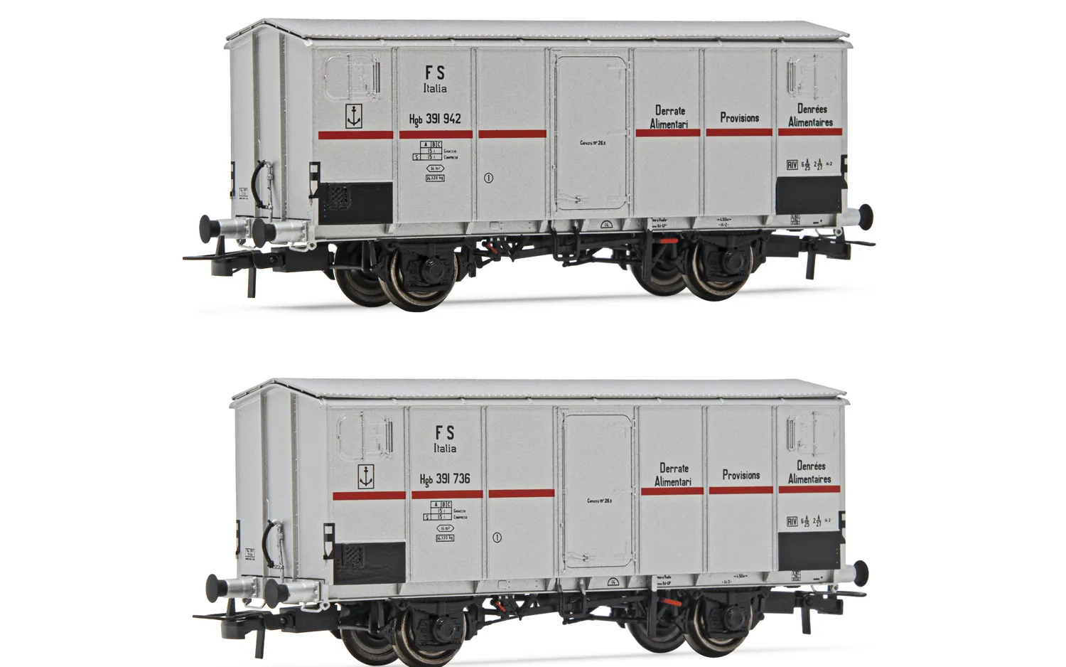 FS, set di 2 carri refrigerati a 2 assi Ifms, cassa metallica, sagoma inglese, livrea argento con striscia rossa, ep. IIIb
