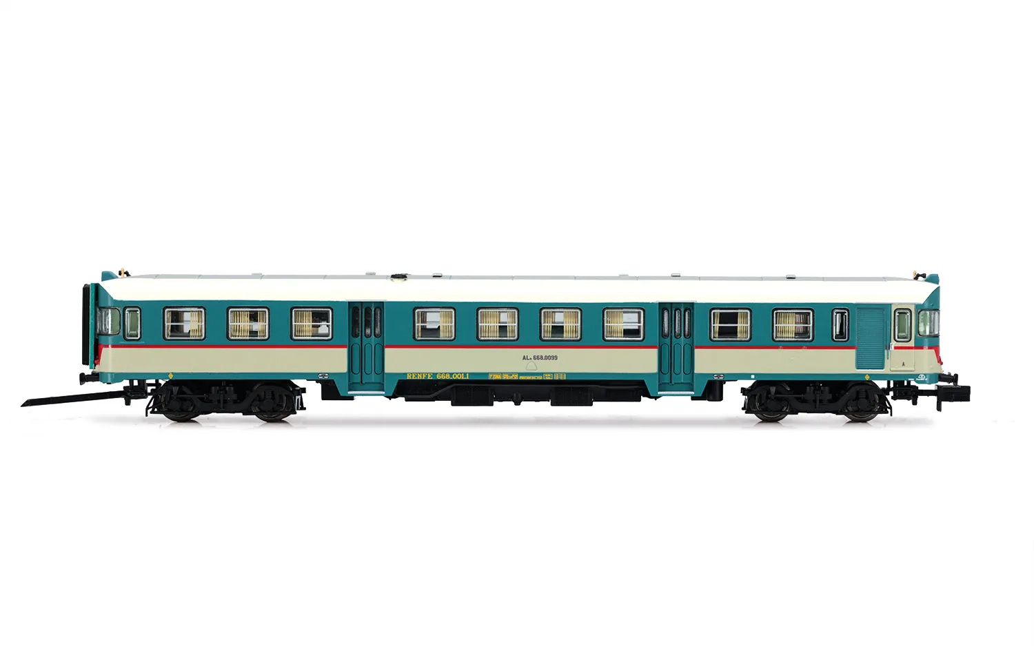 RENFE, 2-tlg. Dieseltriebwagen ALn 668 Serie 1900 in original FS-Lackierung, gewölbte Stirnfenster, Ep. IV