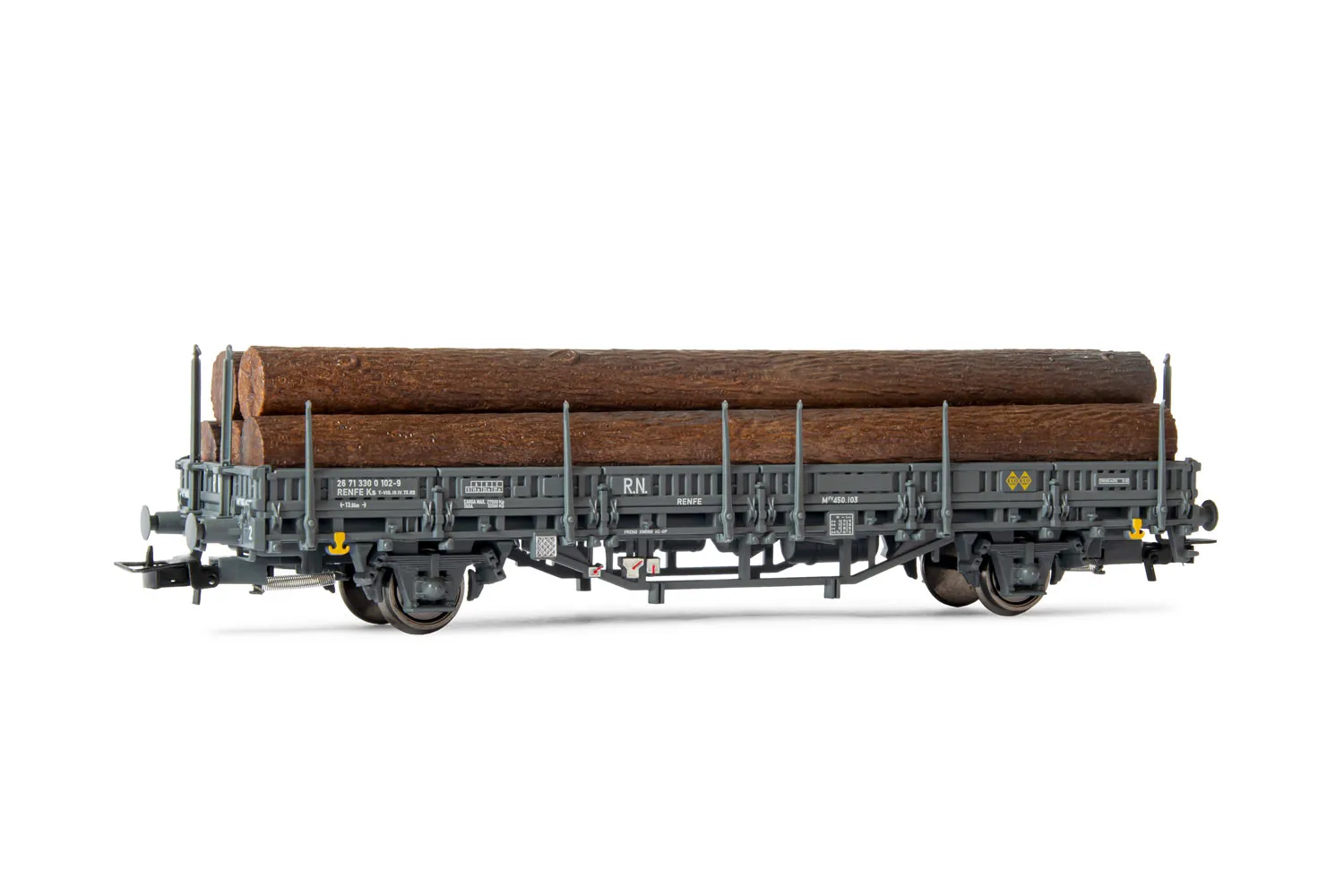 R.N./RENFE, vagón Kbs decoración marrón cargado con madera, ép III