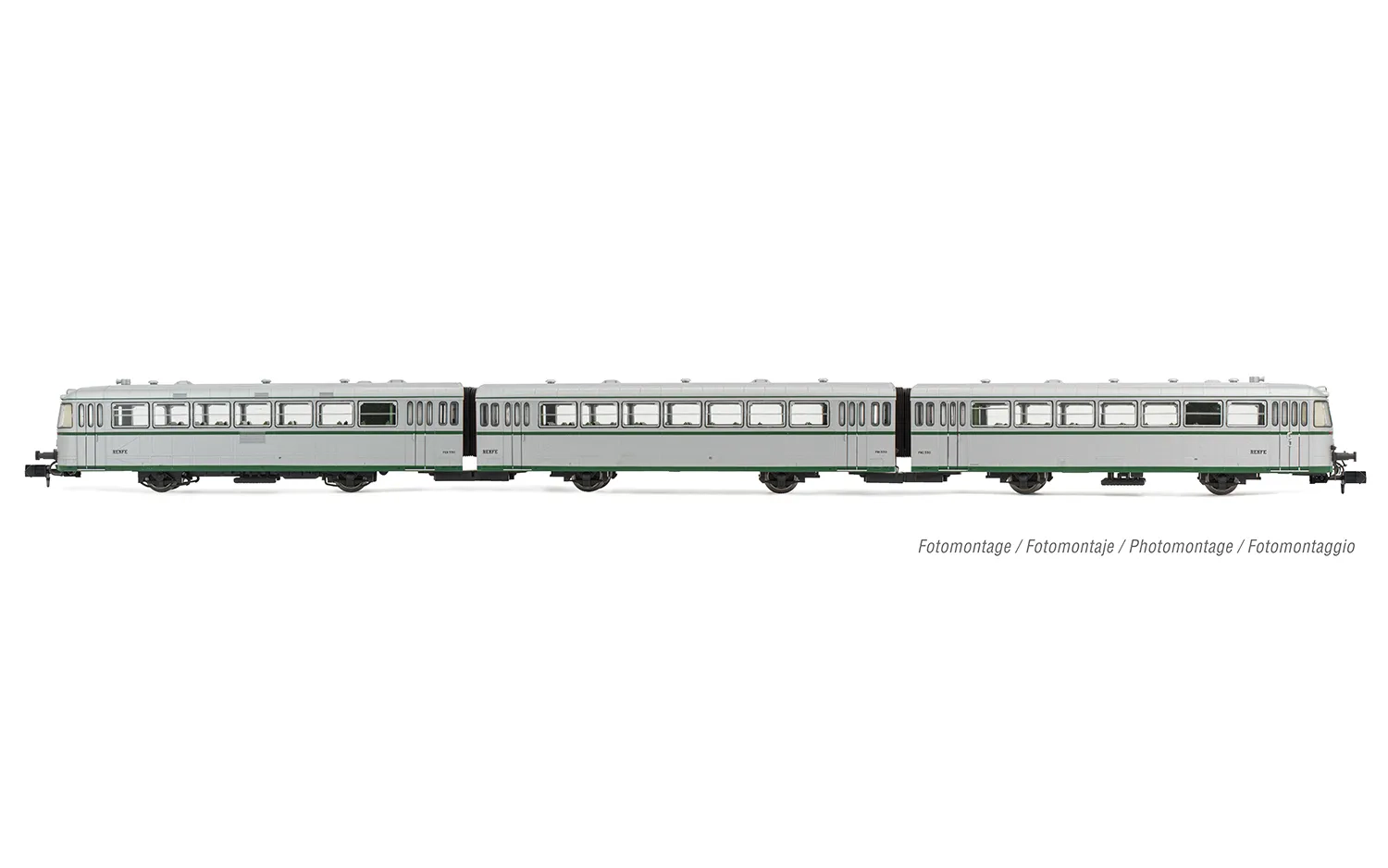 RENFE, automotor diesel 591-330 “Ferrobús”, de tres coches, decoración plata sin matrículas UIC, ép. III