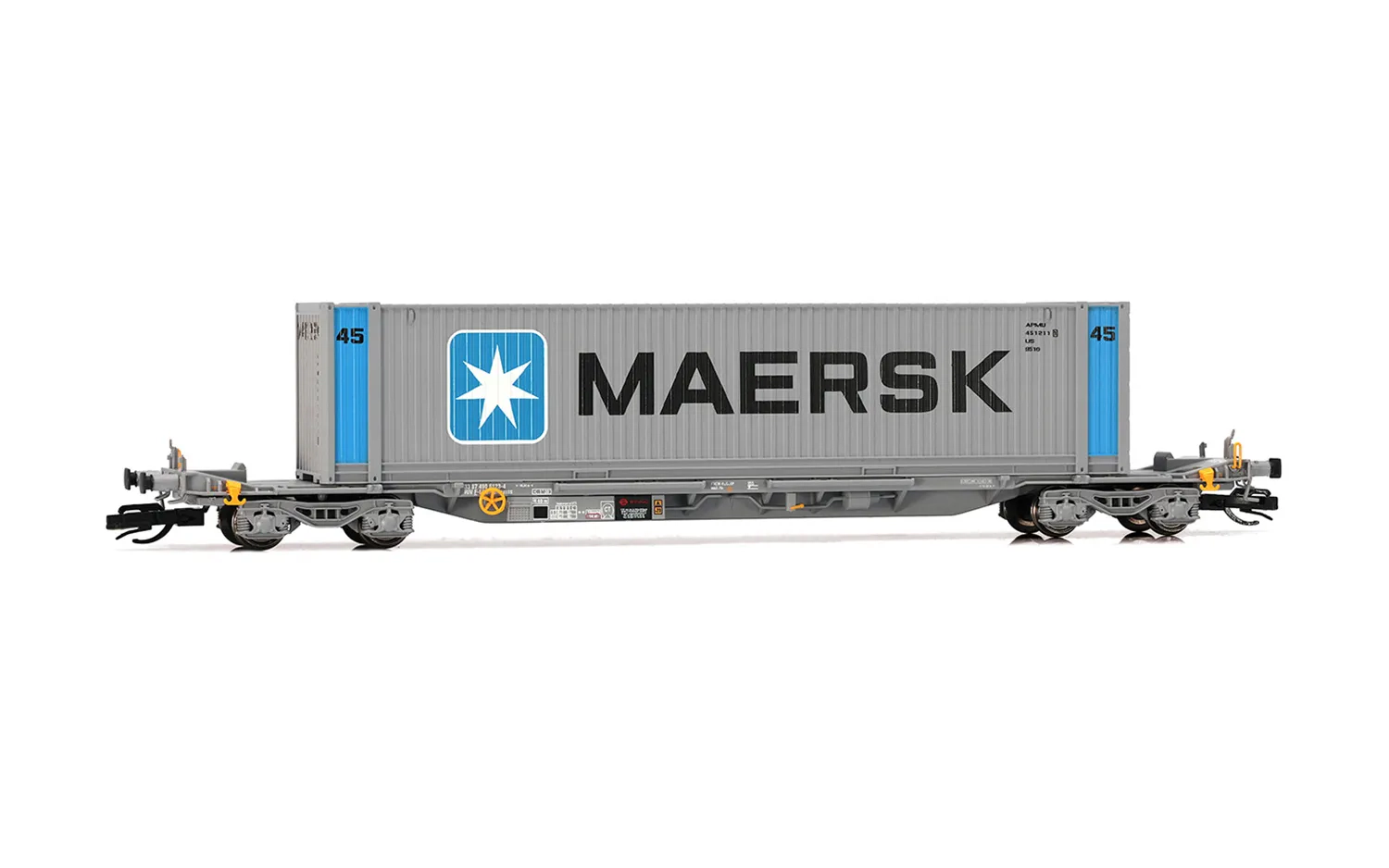 ERMEWA, 4-achs. Containerwagen Sffgmss „IFA", in grauer Lackierung, beladen mit einem 45' container „Maersk", Ep. VI