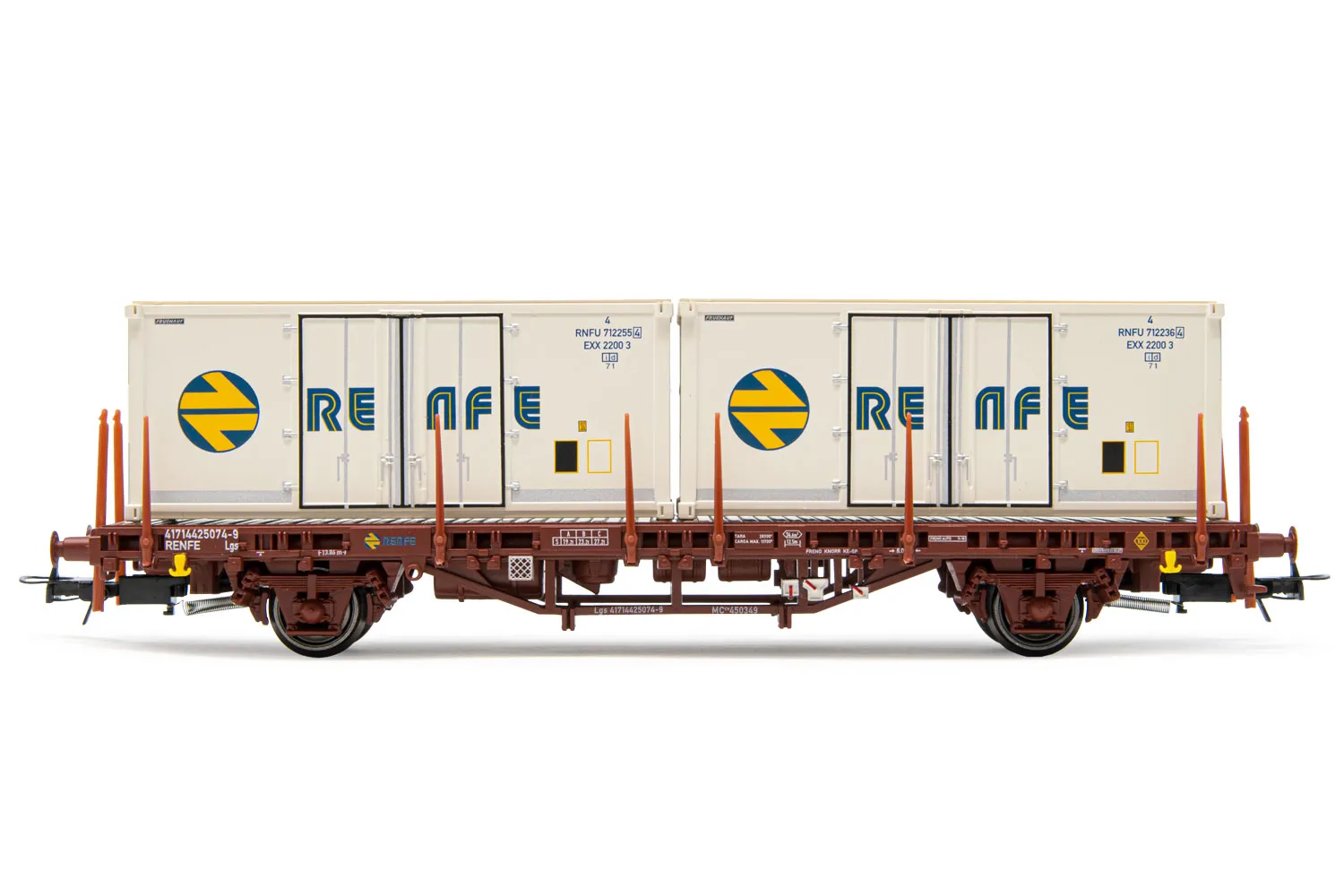 RENFE, 2-axle flat wagon MC1, oxid red livery, loaded with 2 x 20' refrigerated containers "Renfe", period IV. Suitable AC wheelsets for this item: HC6101 (11,27 x 24,25 mm)