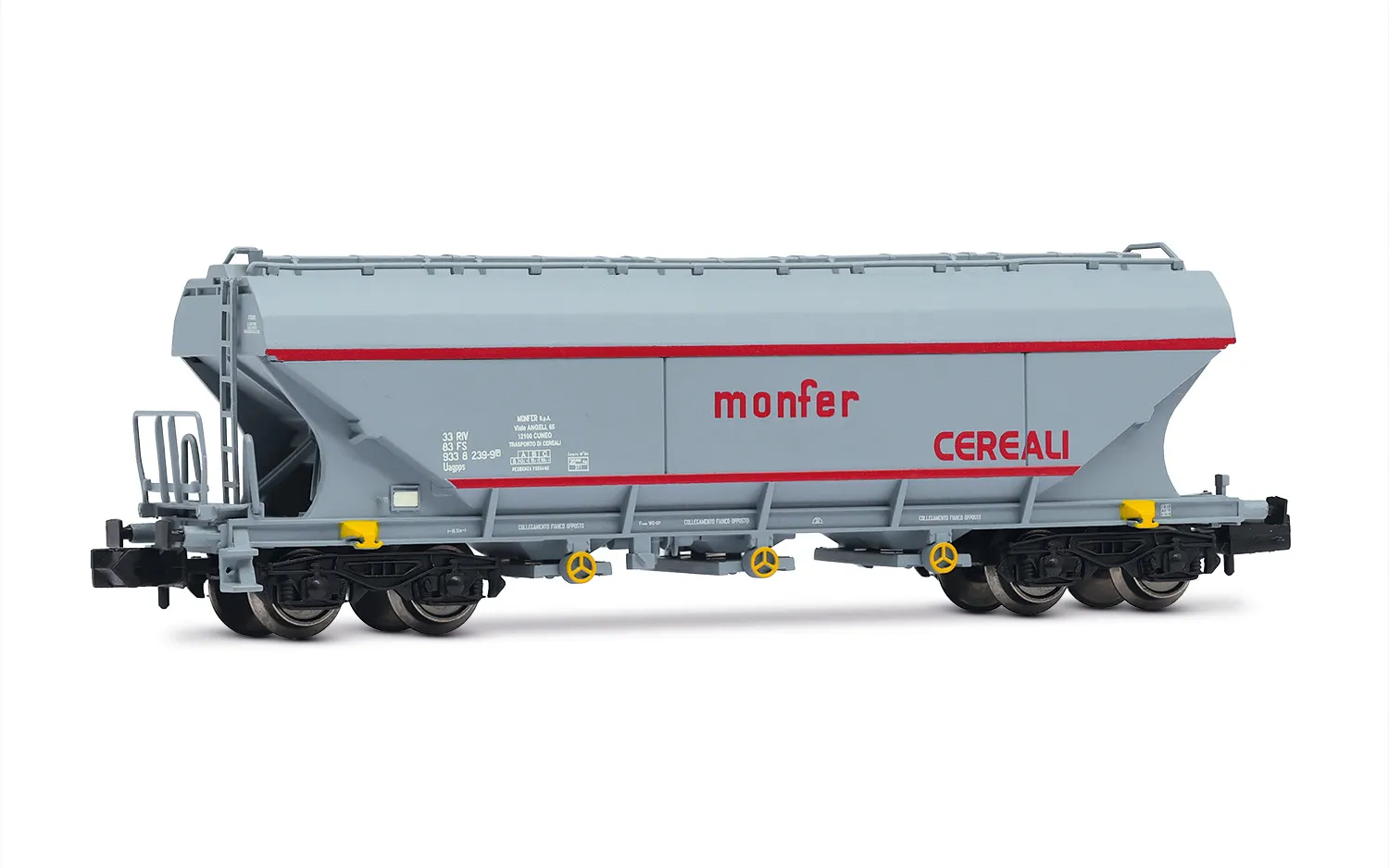 FS, hopper wagon "Monfer", type Uagpps, with new inscriptions, grey livery with red stripes, ep. VI