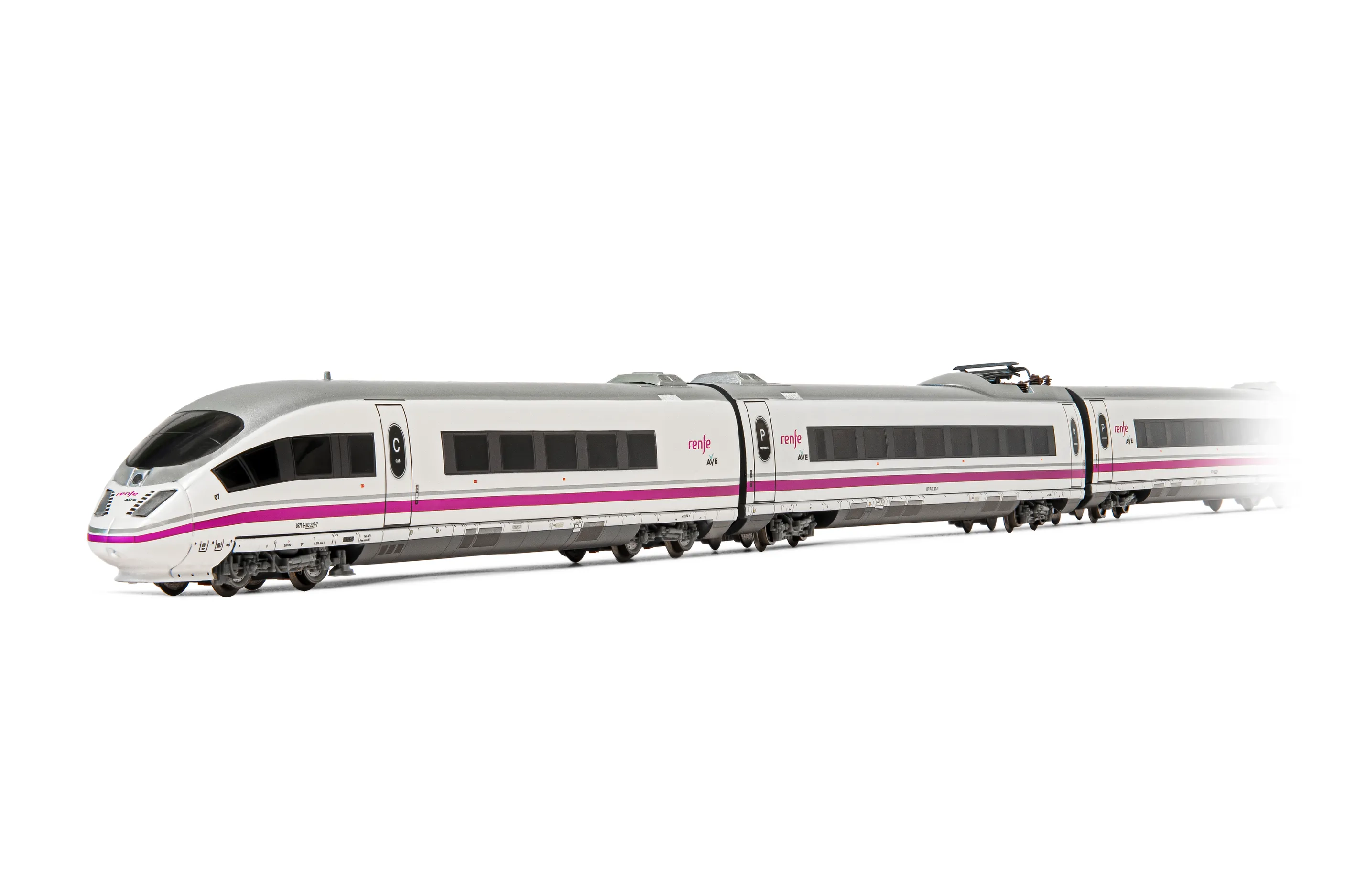 RENFE, 8-teil. Hochgeschwindigkeitszug AVE S-103 in perlmutt-violetter Lackierung, Ep. VI