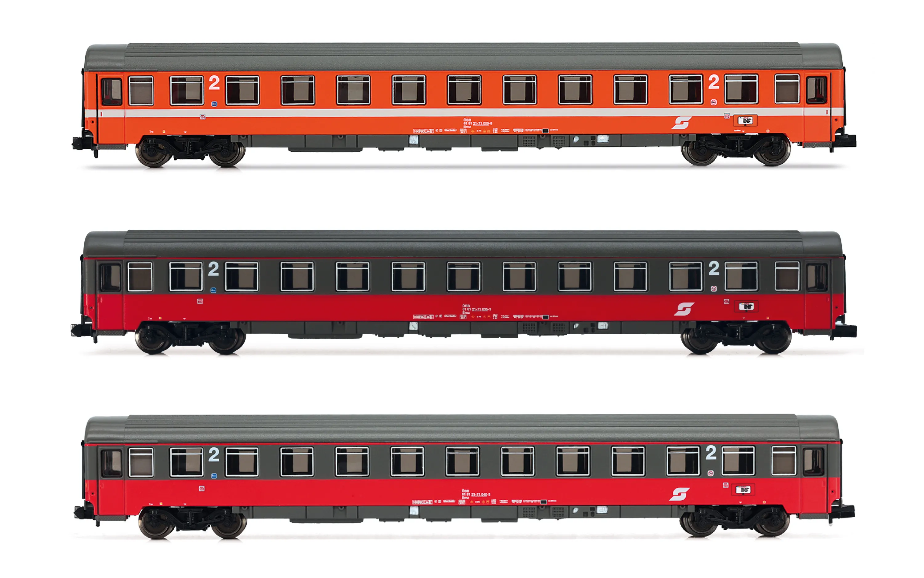 EuroCity „Mozart", 3-tlg. Set ÖBB 2. Klasse Reisezugwagen in oranger und roter Lackierung, Ep. IV-V