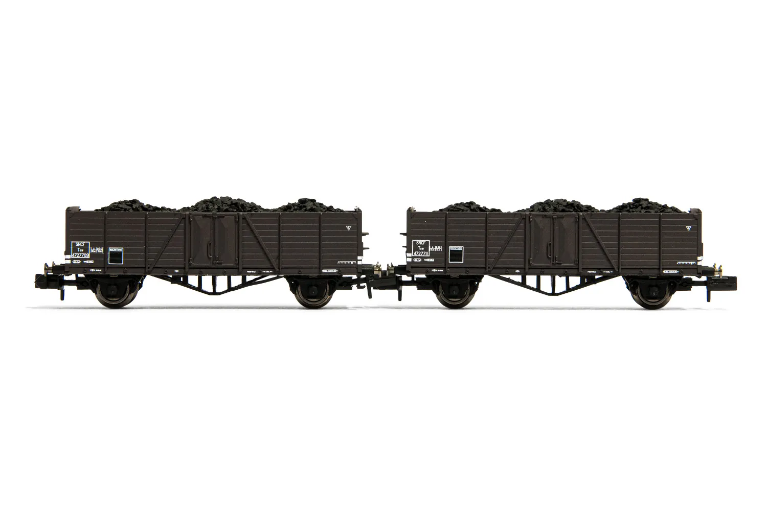 SNCF, 2-unit set of 2-axle open wagons Tow, with high side boards, loaded with coal, period III