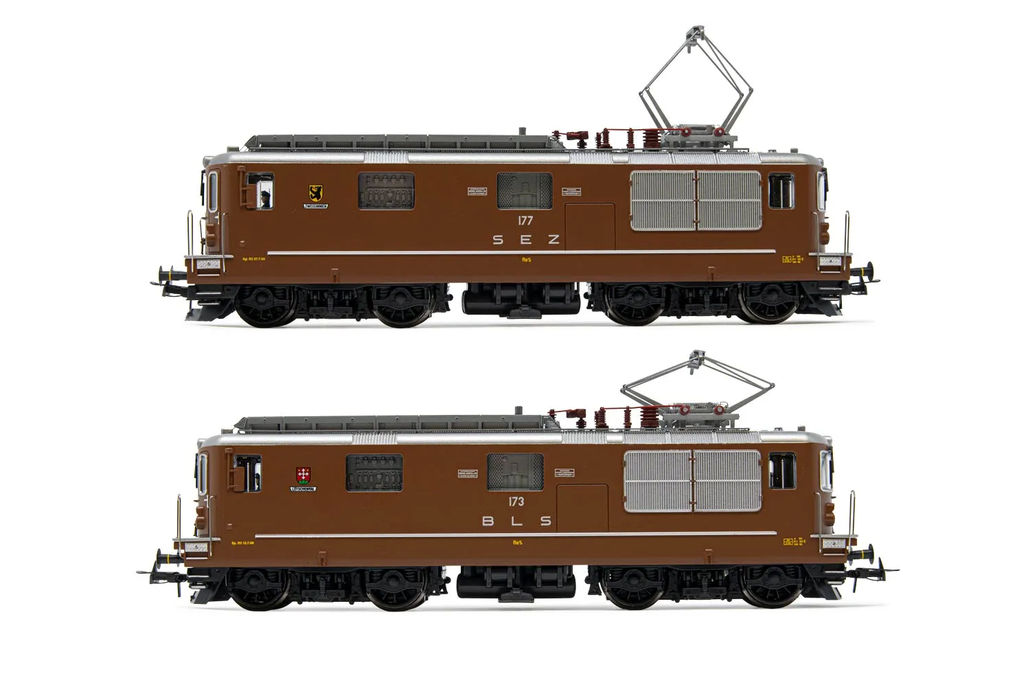 BLS/SEZ, 2-unit set of electric locomotives class Re 4/4, brown livery, including 1 x BLS 173 "Lötschental" and 1 x SEZ 177 "Zweisimmen", period IV, with DCC-Sounddecoder