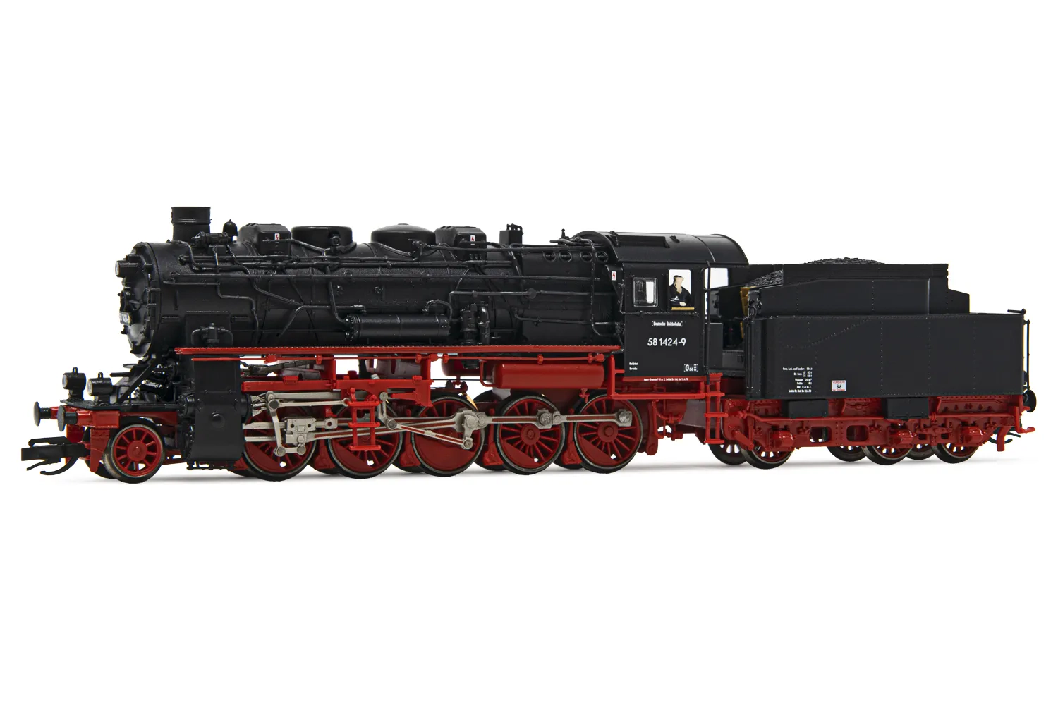 DR, locomotora a vapor clase 58 1424-9 con 4 calderas, decoración roja/negra, ép. IV