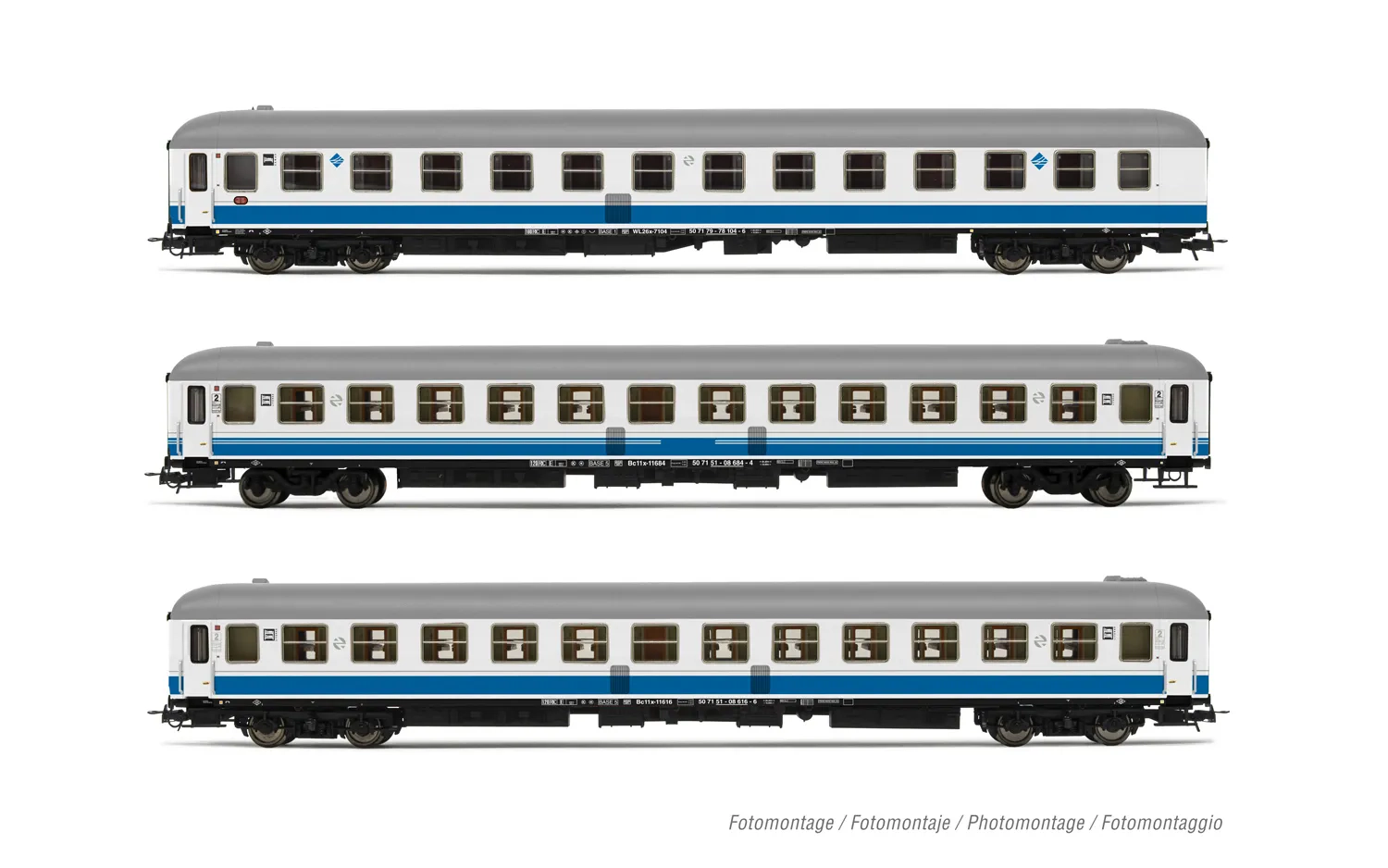 RENFE, 3-unit set "Estrella Picasso", 2 x 11600 couchettes coach + 7100 sleeping coach, "Largo Recorrido" livery, ep. V