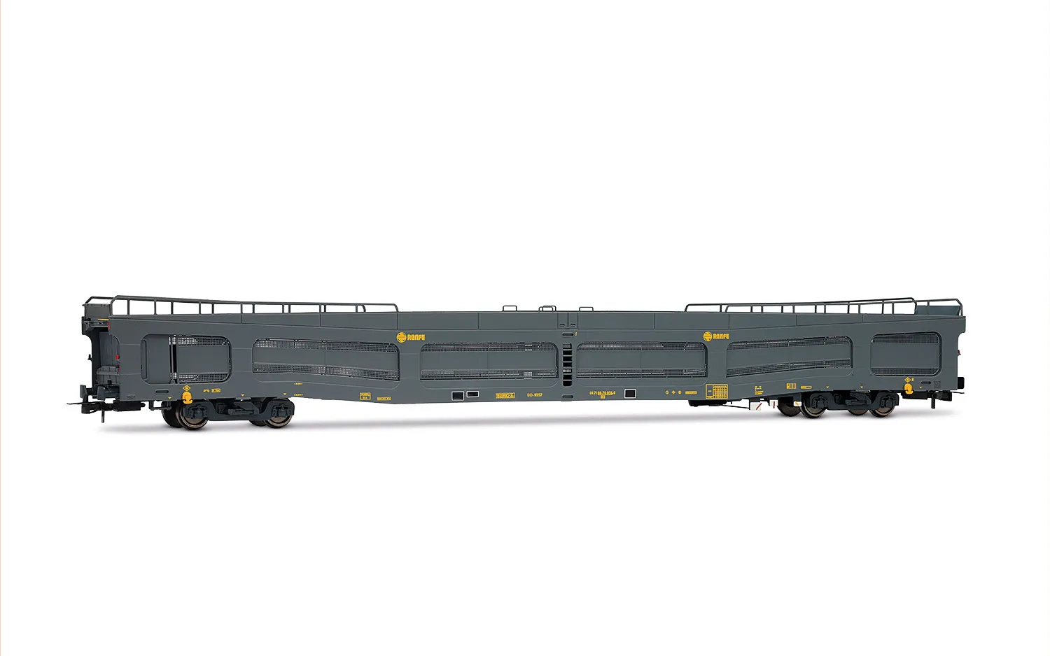 RENFE, 4-axle car transporter type DDMA, in grey livery, with protective panels, ep. IV