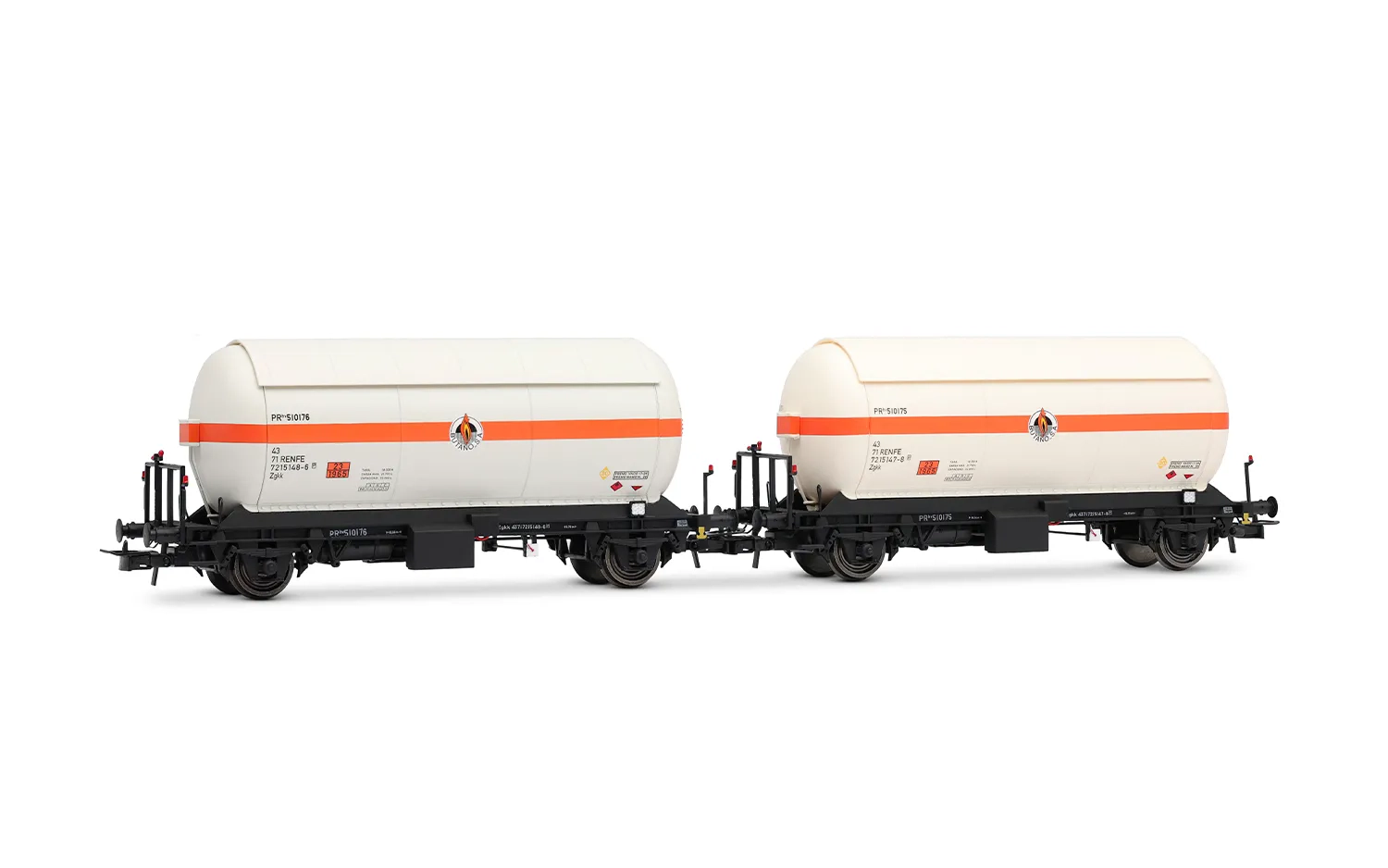 RENFE, 2-unit set of 2-axle gas tank wagons, "Butano S.A." white-orange livery, ep. IV
