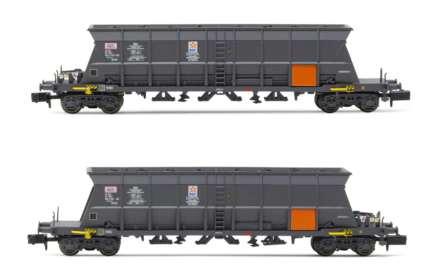 SNCF, 2-tlg Set 4-achs. Selbstentladewagen Faoos für Kohletransport, „Capcol/EDF", Ep. IV
