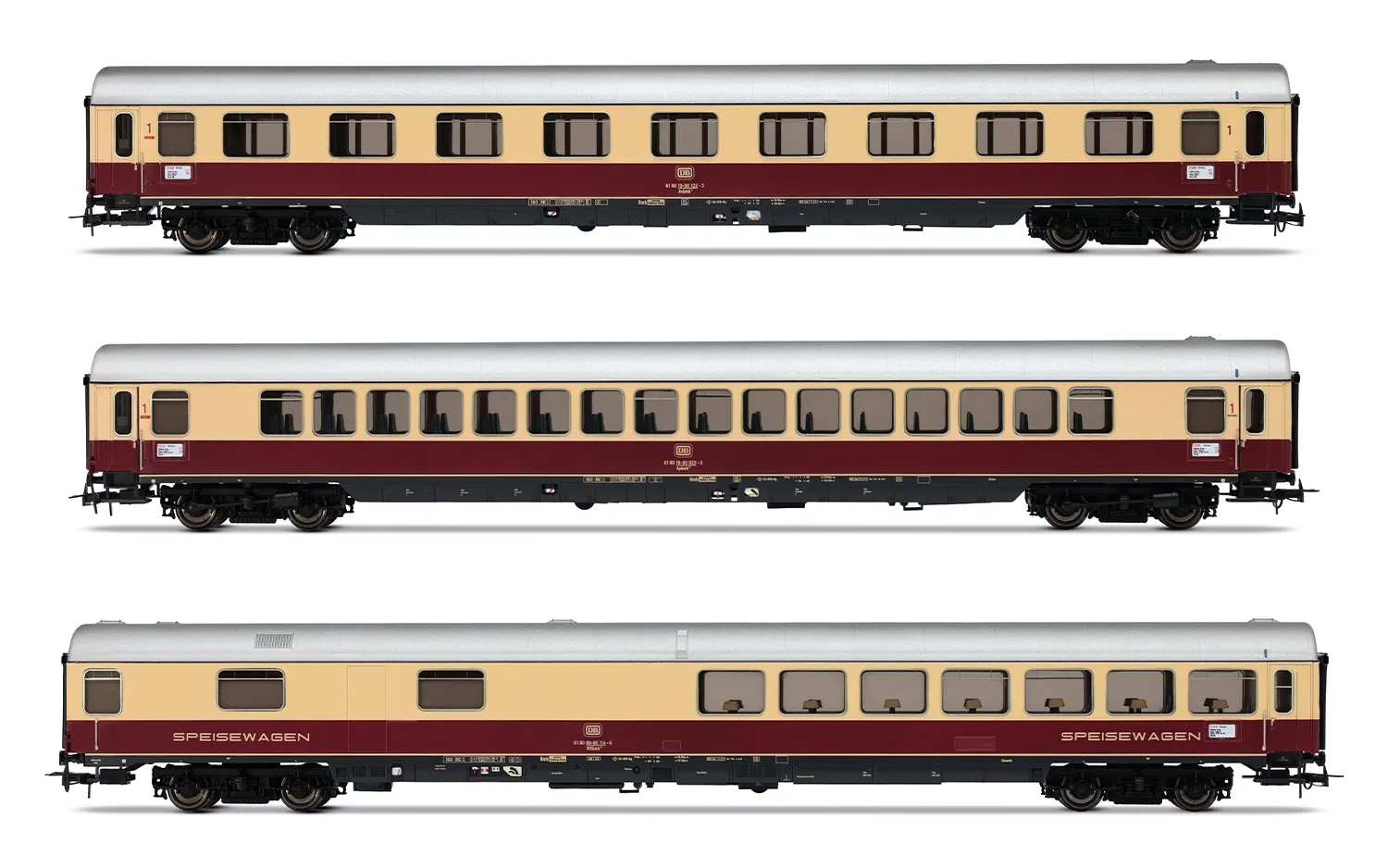 DB, 3-unit set of "TEE Helvetia" (Hamburg-Zurich) coaches, "TEE" livery, including 1 coach WRmh¹³², 1 coach Apümh¹²¹ and 1 coach Avümh¹¹¹, ep. IV