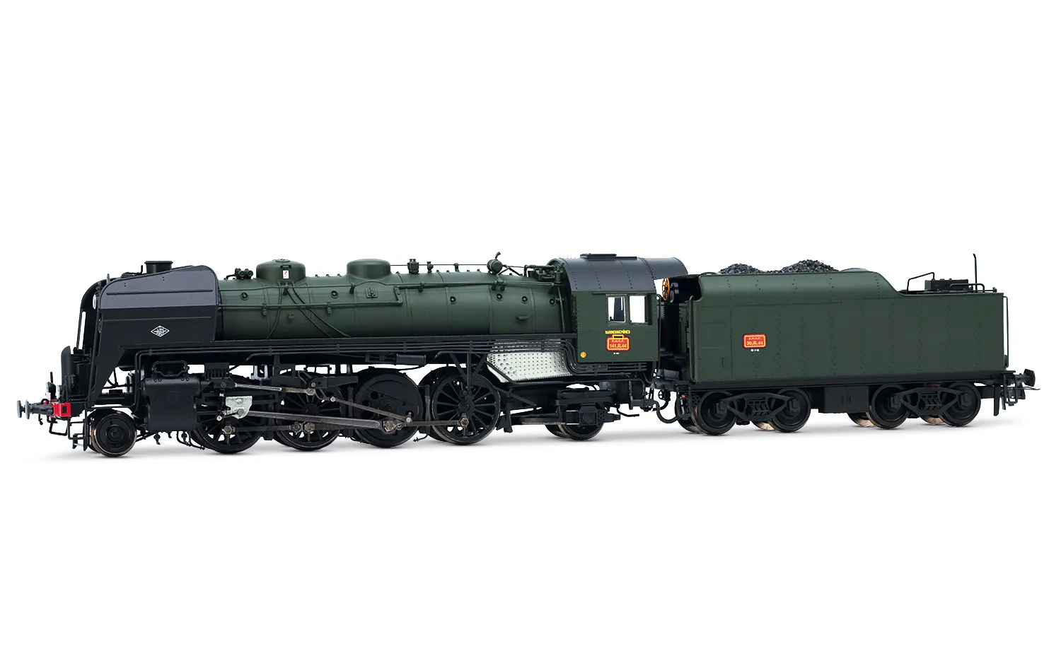SNCF, locomotive à vapeur 141 R 44, avec 3 feux avant et tender à charbon, livrée verte/noire, dépôt Sarreguemines, ép. III, avec décodeur sonore