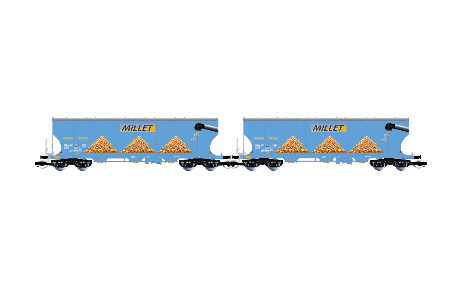 MILLET, 2-unit pack of 4-axle round-sided cereal hopper wagon, blue livery