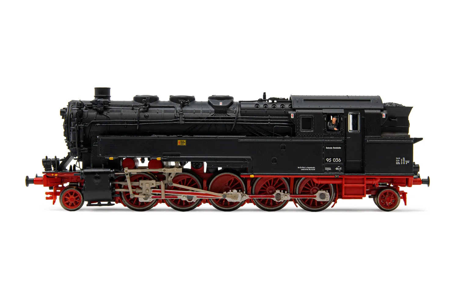 DR, locomotiva a vapore classe 95 036, combustione a carbone, livrea rossa/nera, ep. III