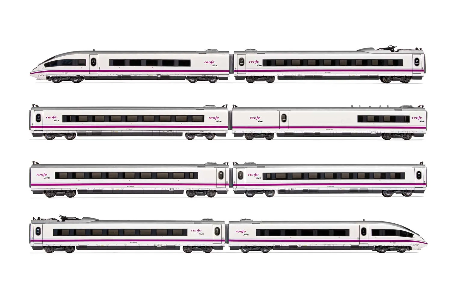 RENFE, 8-teil. Hochgeschwindigkeitszug AVE S-103 in perlmutt-violetter Lackierung, Ep. VI