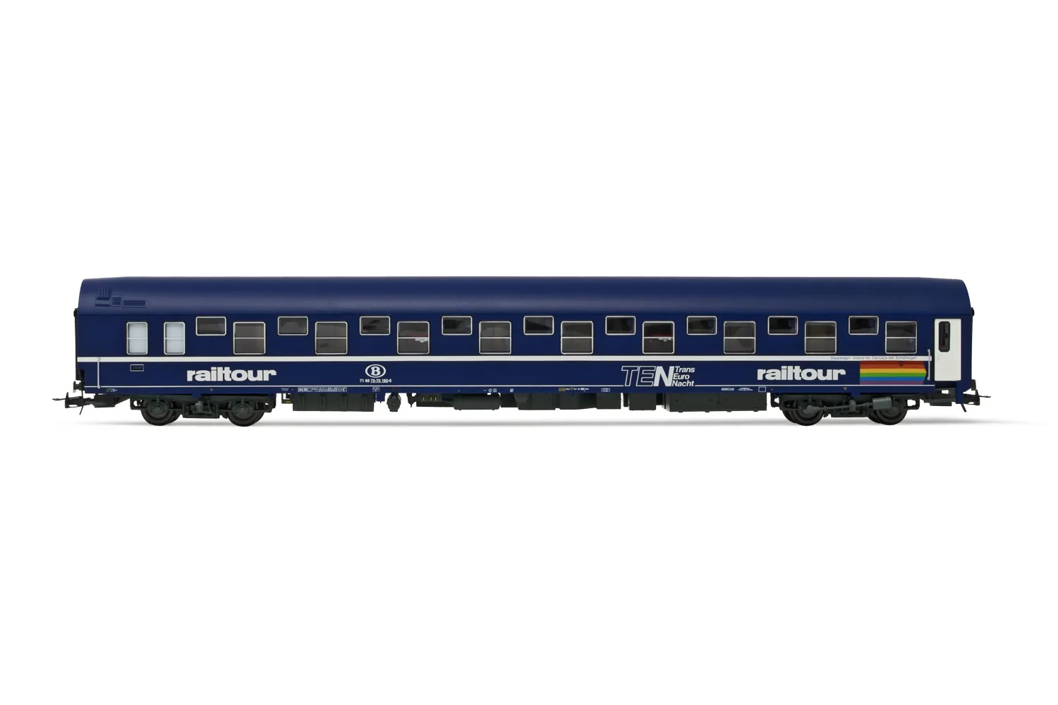 SNCB, voiture-lits T2, livrée TEN «Railtour» avec toit bleu, ép. IVb
