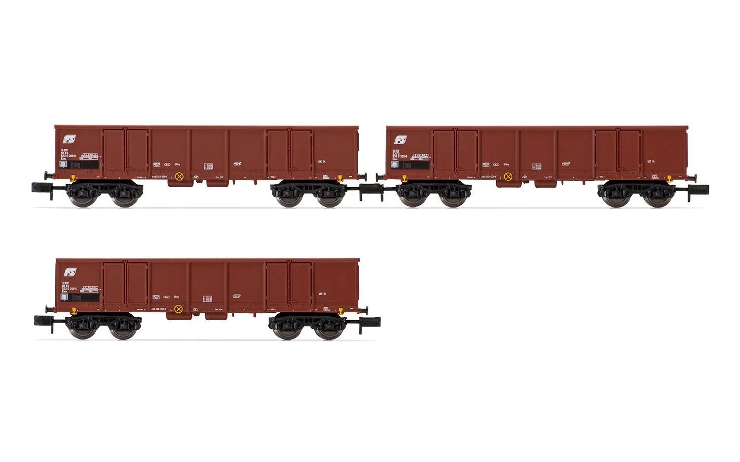FS, 3-unit set 4-axle open wagons Eaos, brown livery, loaded with scrap, period IV-V